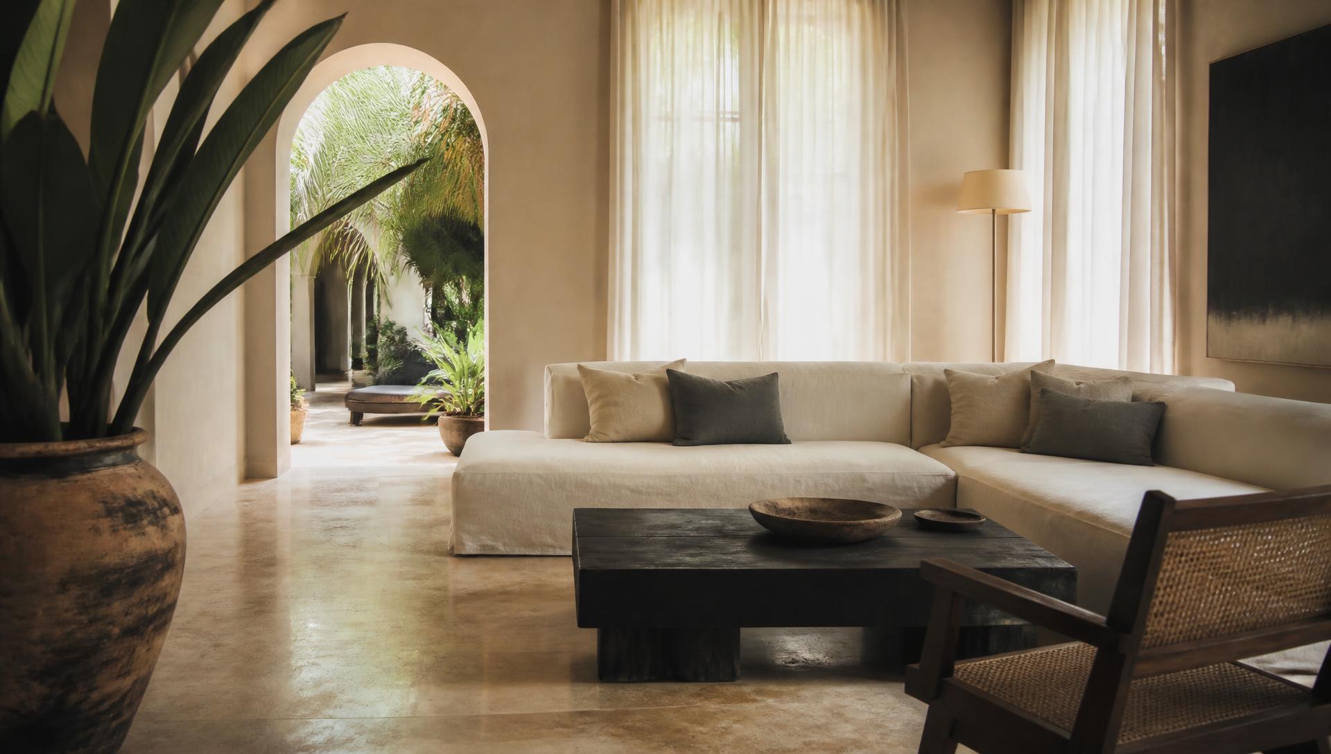 Sunlit living room of a Caribbean residence with linen seating and travertine floors